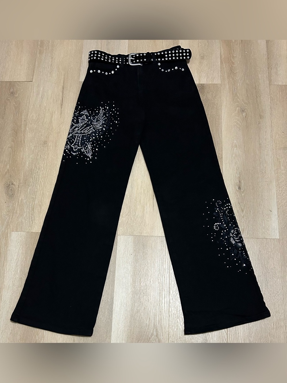 I.AM.GIA Black Wide-Leg Jeans with Rhinestone Floral Accents